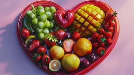A vibrant heart-shaped platter filled with fresh fruits and vegetables for a colorful and healthy snack or meal. Perfect for those who prioritize nutrition and wellness. AI Generative.