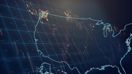 Cg footage from the territory of the United States with a fill from the flag against the backdrop of moving financial and economic graphs and charts against the backdrop of a world map - Powered by Adobe
