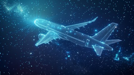 Abstract airliner constructed with dots. Outline wireframe glowing concept. Aircraft flying in starry sky. Travel, tourism, transport. Neural network AI generated art hyper realistic 