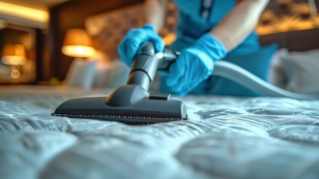 Person in Blue Gloves Vacuuming Bed