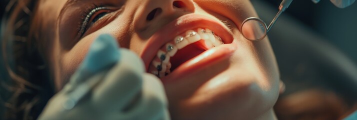 Close-up view of a dentist working on patient's braces during a dental procedure