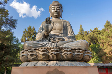 Eight Great Temples in Beijing as the backdrop, Statue of Sakyamuni Buddha, evoking a sense of awe and admiration for its architectural and spiritual significance. The image serves
