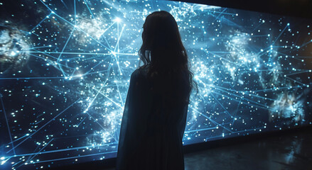 A woman is standing in front of a large screen, looking at the display.