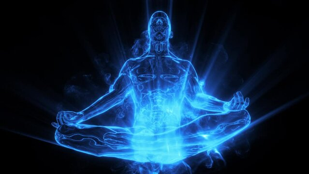 A human character meditating where we see the energetic fields of the body represented in pulsating lines and shimmering colour.