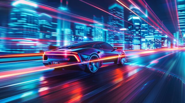 Abstract speed Business Start up launching product with Electric car and city concept Hi-tech communication concept innovation background. hyper realistic 