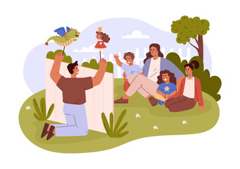 Naklejka premium Man performs the puppet show for children on the lawn vector illustration, cute outdoors dragon and princess toy theater