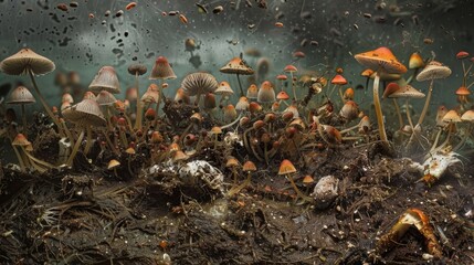 Obraz premium Enchanting Forest Mushrooms in a Misty Undergrowth Setting