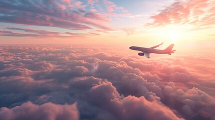 Airplane flying over clouds, embodying global travel, tourism, and leisure, clear summer sky background, concept of holiday planning, vibrant colors, wide angle, AI Generative hyper realistic 