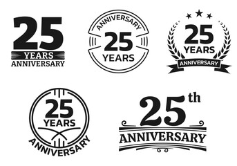 25 years icon or logo set. 25th anniversary celebrating sign or stamp. Jubilee, birthday celebration design element. Vector illustration.