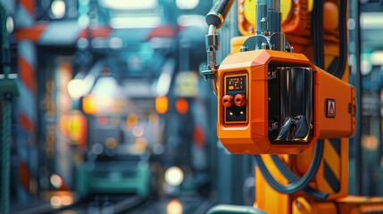Zoom in on the emergency stop button of a bag-lifting robot, close-up, selective focus, at a safety training session, vibrant, Composite, with a background of caution signs