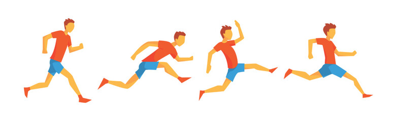 Man Run Marathon Race Moving Fast and Sprinting Vector Set