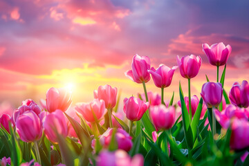 A field of pink tulips as the sun sets