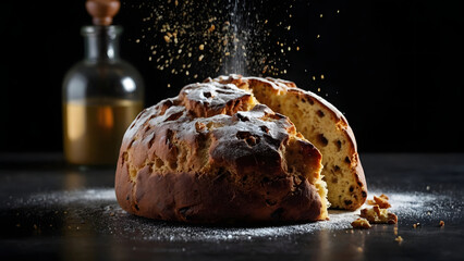 Home made bread with flour with dark plate, with cinematic black background