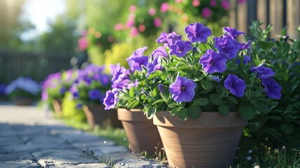 Beautiful purple petunia flowers blossoming in flower pots in a backyard. hyper realistic 