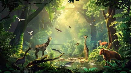 A picturesque animal background featuring lush greenery and wildlife in their natural habitat,...