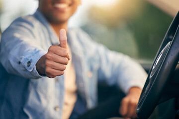 Hand, thumbs up and success in car for travel, support or journey on road trip closeup. Like, gesture and person in transport with sign for feedback, vote or thank you emoji for taxi driver review
