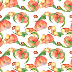 Chines fig peaches and leaves watercolor seamless pattern isolated on white. Whole ripe fruits painting. Flat peach hand drawn. Design element for package, textile, skin care cosmetic