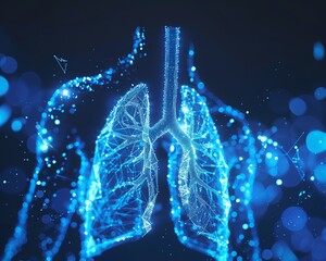 3D illustration of human lungs with a glowing blue light effect.