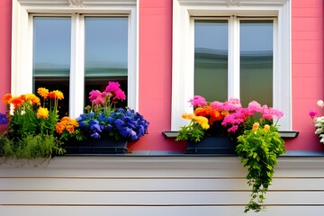 Fototapeta na wymiar Flower filled window boxes. Closeup of colorful blooming flowers in window planters boxes adorning city building. Urban gardening landscaping design