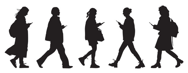 Black silhouettes of walking women using phones on the go. Side view. Isolated on white background. Vector illustration.