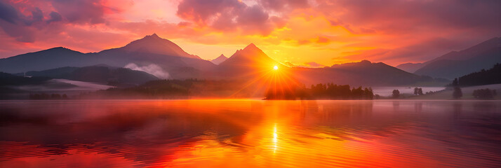 Majestic Sunrise Over Misty Mountains Reflected on Calm Waters