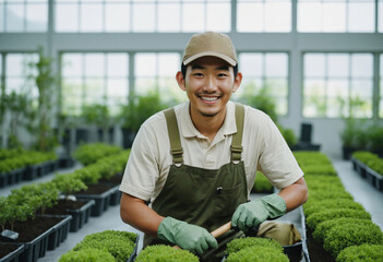 East Asian Gardener Thrives in Greenhouse. Happy Japanese Worker in Bright Plant Production Hall. 