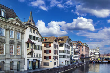 Embankment of Limmat river in Zurich, Switzerland
