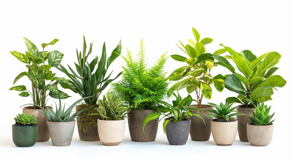 Diverse collection of houseplants in various styles of pots lined up against a white background, showcasing a variety of leaf shapes and plant types, ideal for indoor greenery.