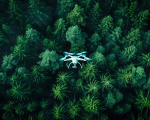 Obraz premium Global reforestation drone deployment, top view, planting trees worldwide, technology tone, Complementary Color Scheme