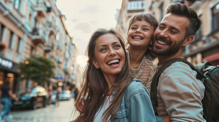 A family of three smiling and posing for a picture on a city street