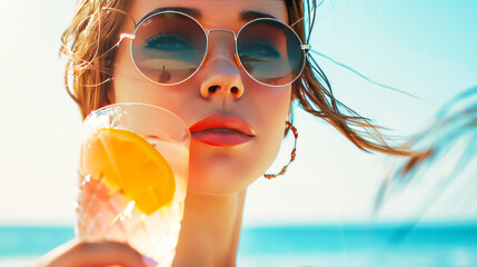 Close up portrait of a beautiful young woman with sunglasses drinking a cocktail at the beach