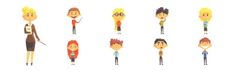 Little Kid First Grader and Primary School Pupil with Teacher Vector Set