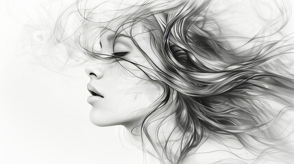 Fototapeta premium An elegant monochrome pencil drawing of a beautiful young woman