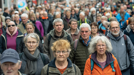 Large crowd of elderly people walking together in a city street. The image captures the collective movement and diversity of the senior community.