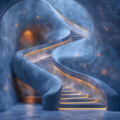 Spiral staircase, stone walls with lights, orange glow, realistic, blue tones, concrete texture, architecture, interior design, modern style, fantasy background, cave environment