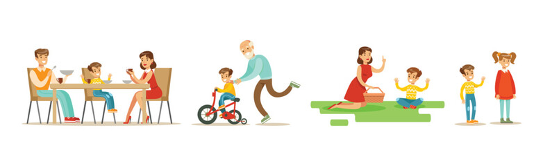 Parent with Kid Spending Happy Time Together Vector Set