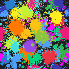 Obraz premium Paint splatter seamless pattern. Color Blobs on a dark background. Ink Splashes. Spatter dripping blot, graffiti dirty sprayed paint. Colored spray vector texture.