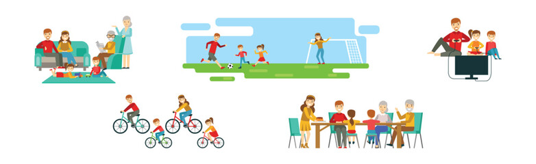 Parent with Kid Spending Happy Time Together Vector Set