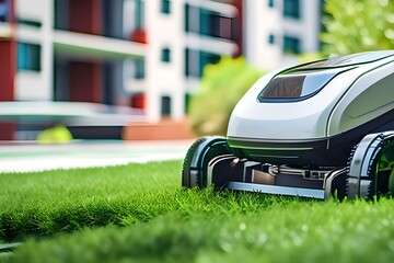 Automatic robotic lawn mower moving on green lawn near modern residential apartment building houses.