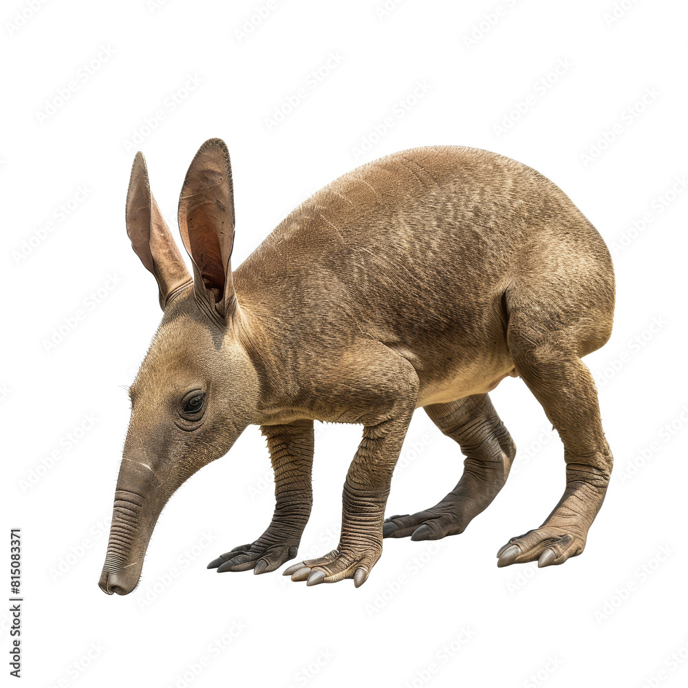 Poster armadillo with shell standing on plain white surface, a aardvark isolated on transparent background