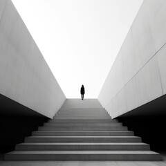 Naklejka premium Woman ascending modern architectural stairs with monochrome filter. Young people standing at staircases and prepare for walking to office or workplace. Minimalist and conceptual design. AIG35.