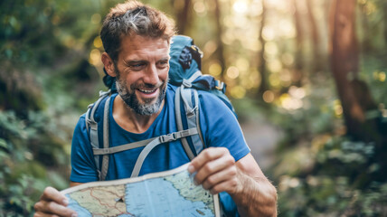 Fototapeta premium Strong man trekking on mountain , explore nature .