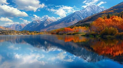 A serene lake reflecting the surrounding mountains and colorful autumn foliage, with a peaceful atmosphere that invites quiet contemplation.