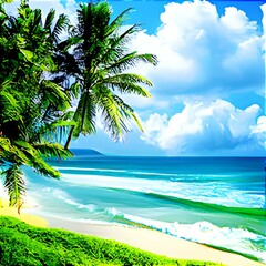 tropical island with palm trees-with-clouds-water.