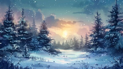 Winter landscape with snow and fir trees as vintage christmas wallpaper hyper realistic 