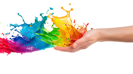 Rainbow water in vivid colors splashes out from a hand on a transparent background. Isolated decorating elements for Pride month background design.