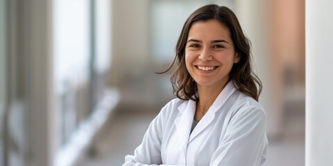 Welcoming young female doctor with a warm smile, standing confidently in medical facility