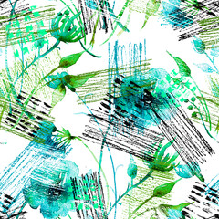 Watercolor seamless pattern, background with a floral pattern. aster, poppy, cornflower,pansies, viola, field or garden flowers. Wild plant, grass. Abstract spots, Stroke, strokes. Fashion background.