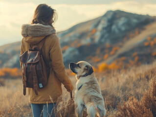 Young girl hiking in the mountains with her labrador