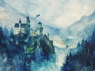 A whimsical painting of a castle in Scotland with the Scottish flag in the misty highlands